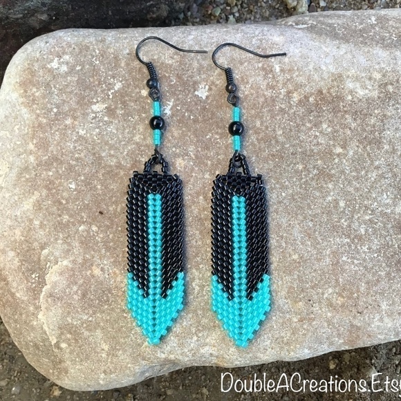 Turquoise and Black Beaded Feather Earrings, New, Handmade by Me - Picture 1 of 6